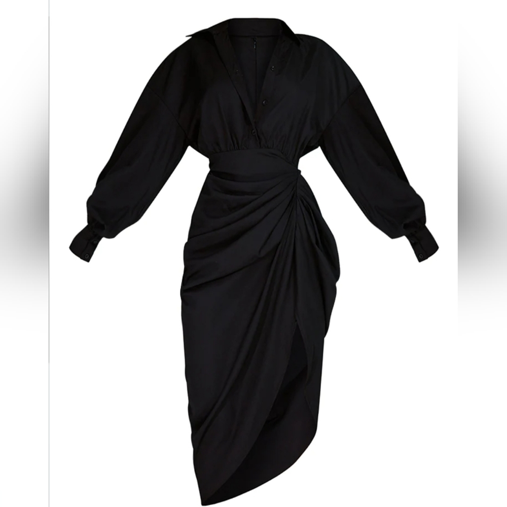 PLT: Black Balloon Sleeve Skirt Midi Shirt Dress